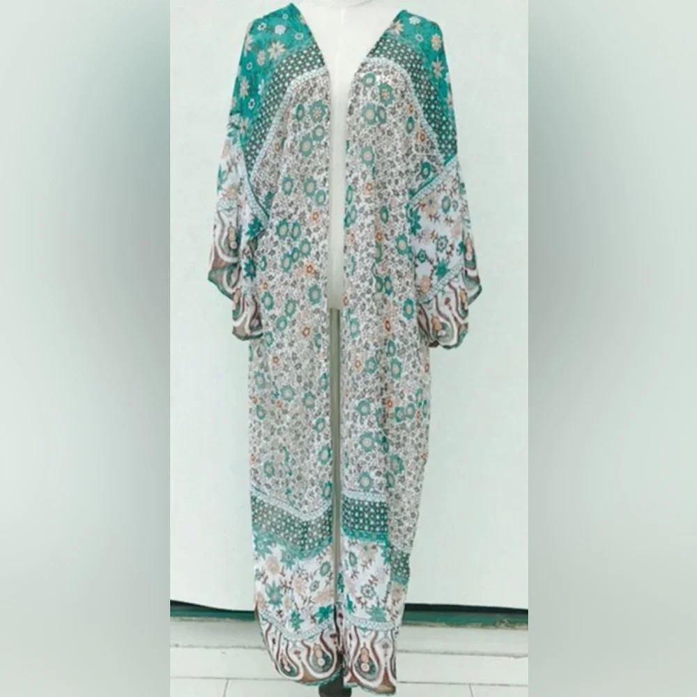 Sage Bohemian Chiffon Kimono Duster, Bikini Coverup